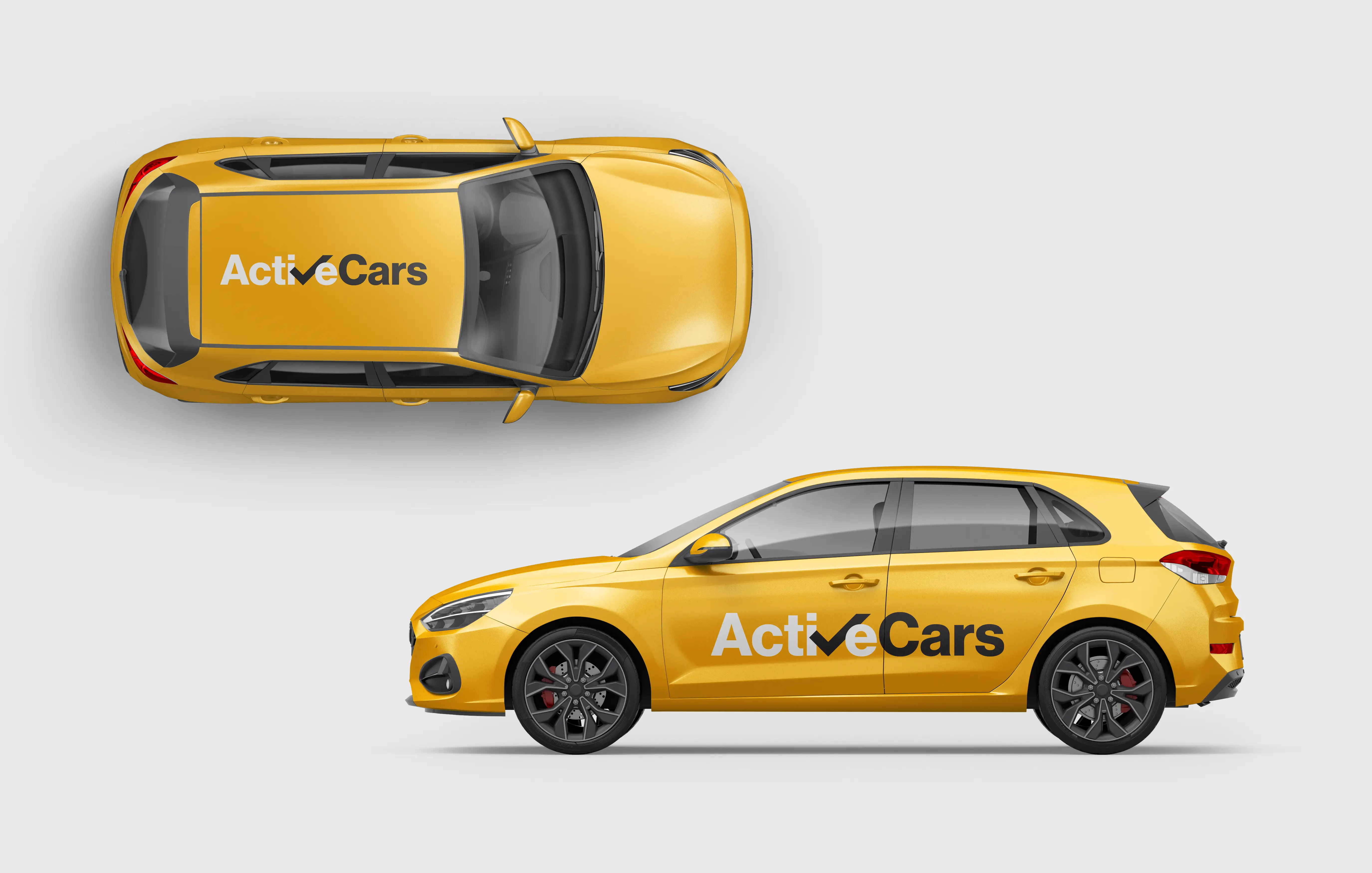 Aerial and profile views of the same Active Cars taxi paired in one composition