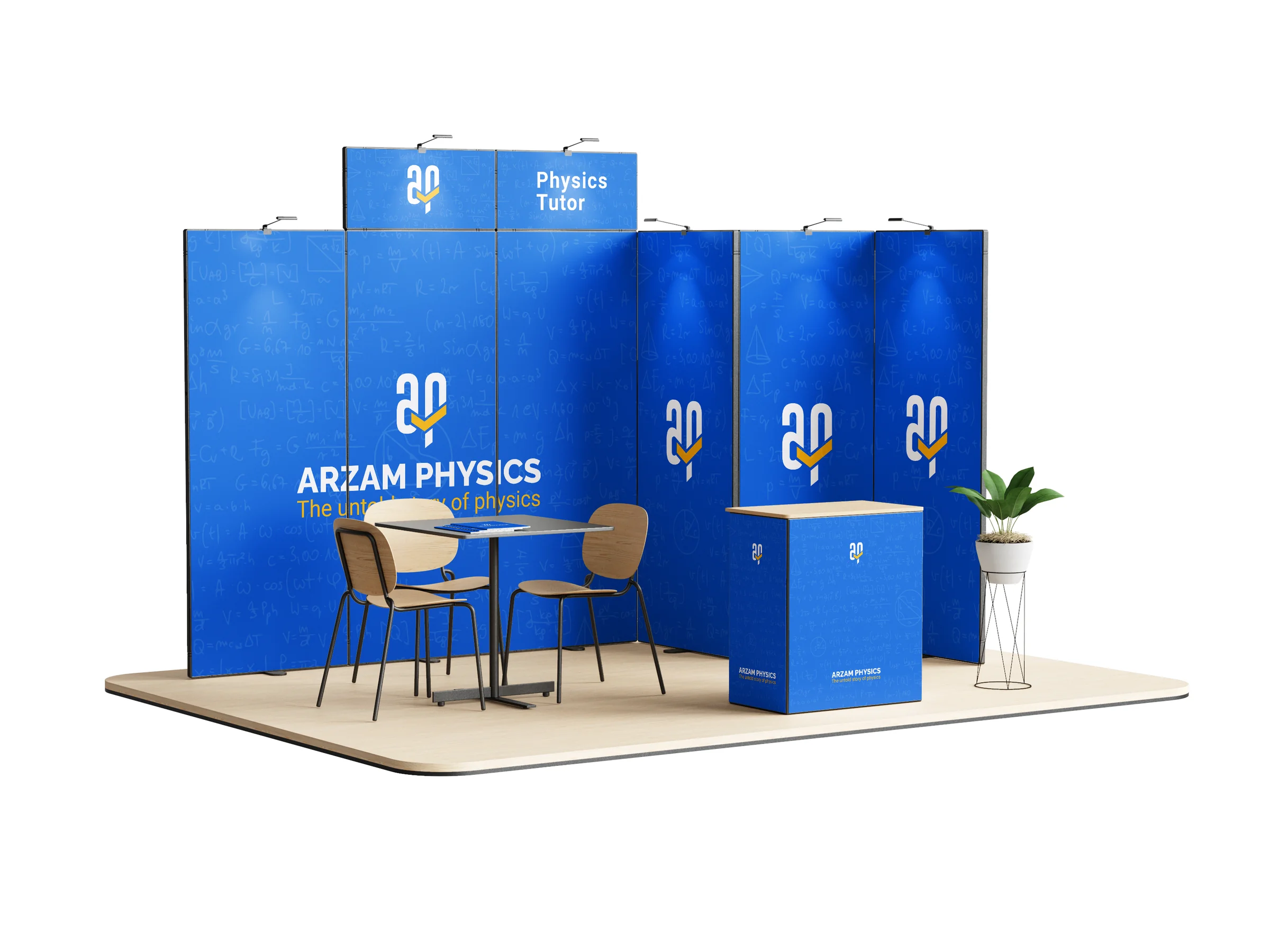 Trade-show booth with tall blue panels carrying the repeating Arzam Physics mark and a "Physics Tutor" sign on the counter