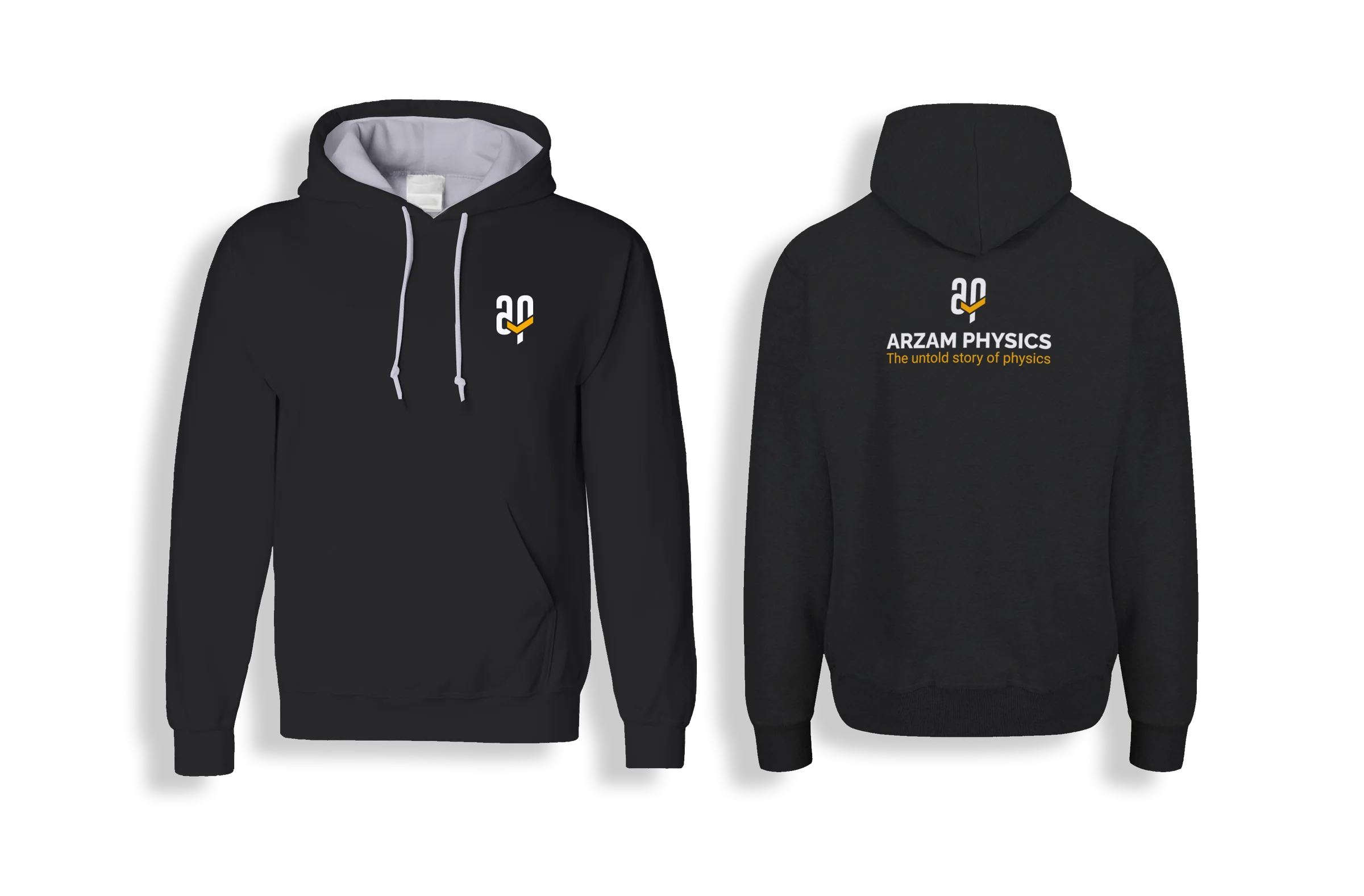 Black hoodie shown front and back — mark on the chest, full wordmark running across the back