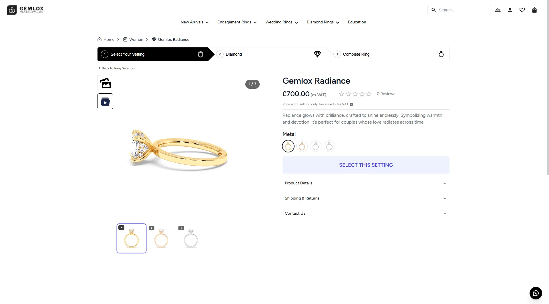 Gemlox Radiance setting shown at a 3/4 angle · three video thumbnails below the hero image letting the visitor rotate through yellow gold, rose gold and white gold / platinum variants of the same setting