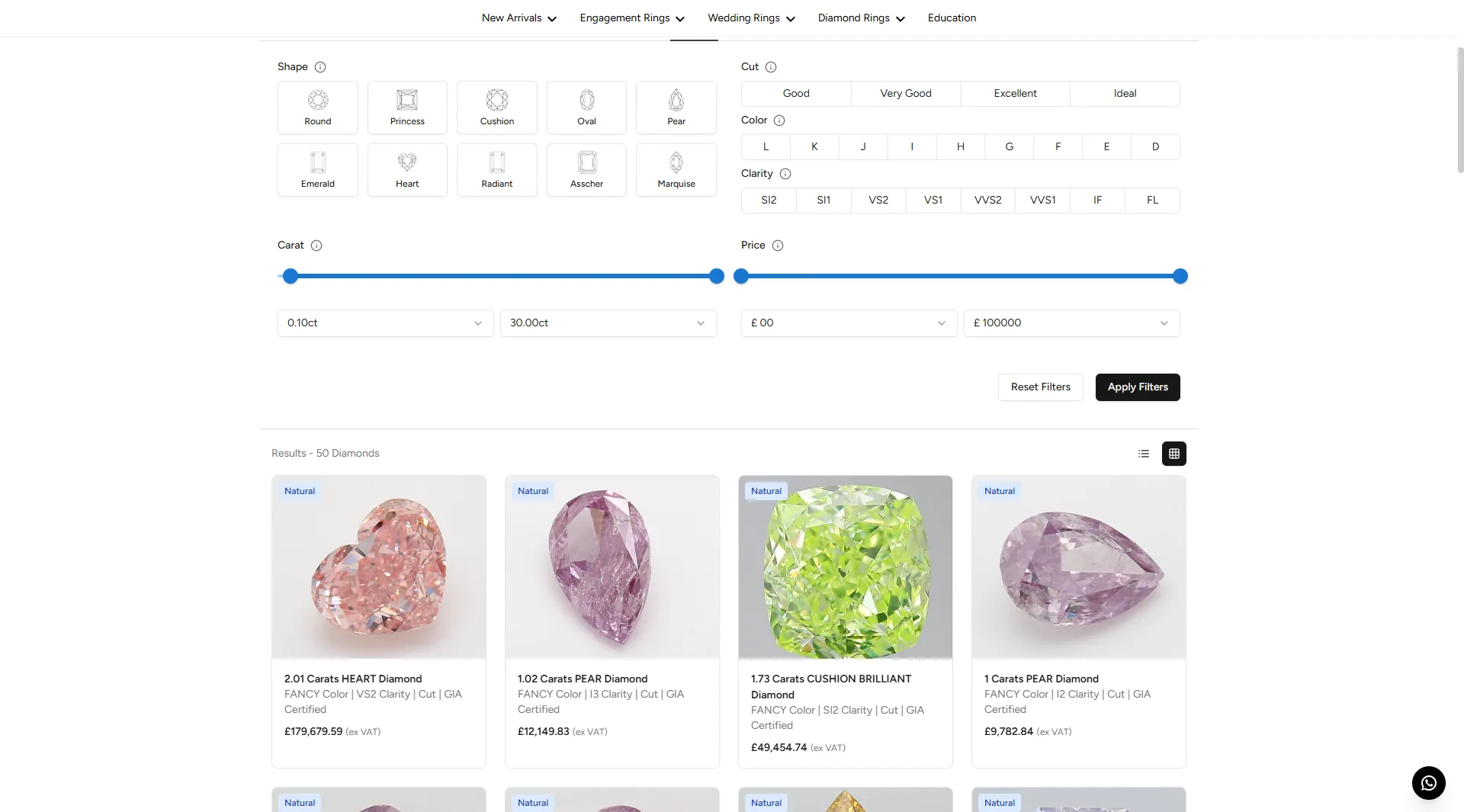Gemlox loose-diamond catalogue · filter panel for shape (Round, Princess, Cushion, Oval, Pear, Emerald, Heart, Radiant, Asscher, Marquise), cut, colour, clarity, carat range slider and price slider, with Natural/Lab-Grown toggle and 50-diamond results grid below
