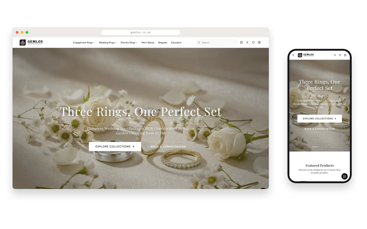 Gemlox storefront in a Safari-chrome desktop mockup and iPhone mockup side by side on white · both devices show the "Three Rings, One Perfect Set" wedding collection hero · handcrafted rings on flower petals, Explore Collections and Book a Consultation CTAs, GEMLOX wordmark and Engagement · Wedding · Eternity Rings nav above