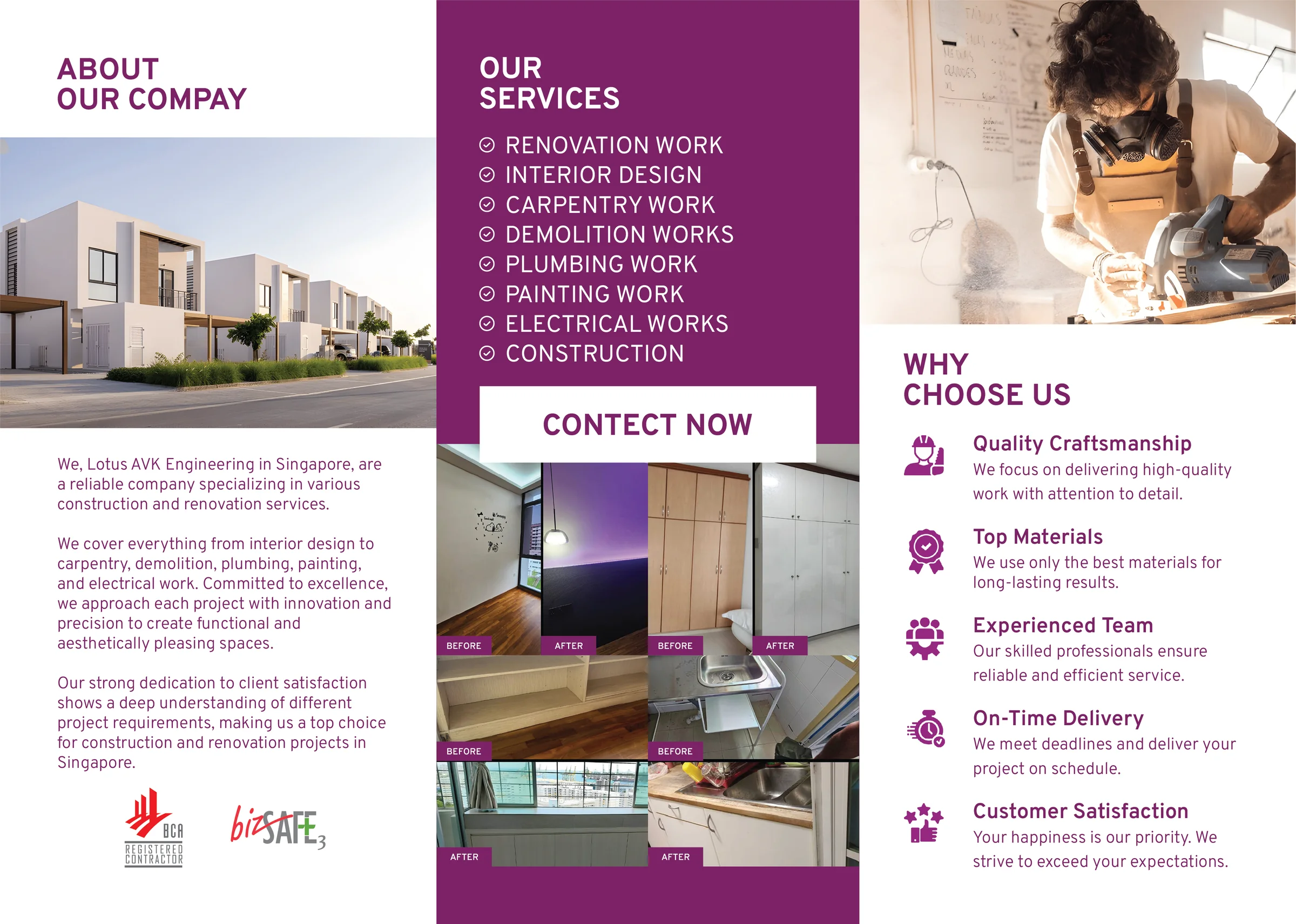 Flat print artwork of the inside trifold spread — about column, services list with CONTACT NOW pill, and why-choose-us bullets