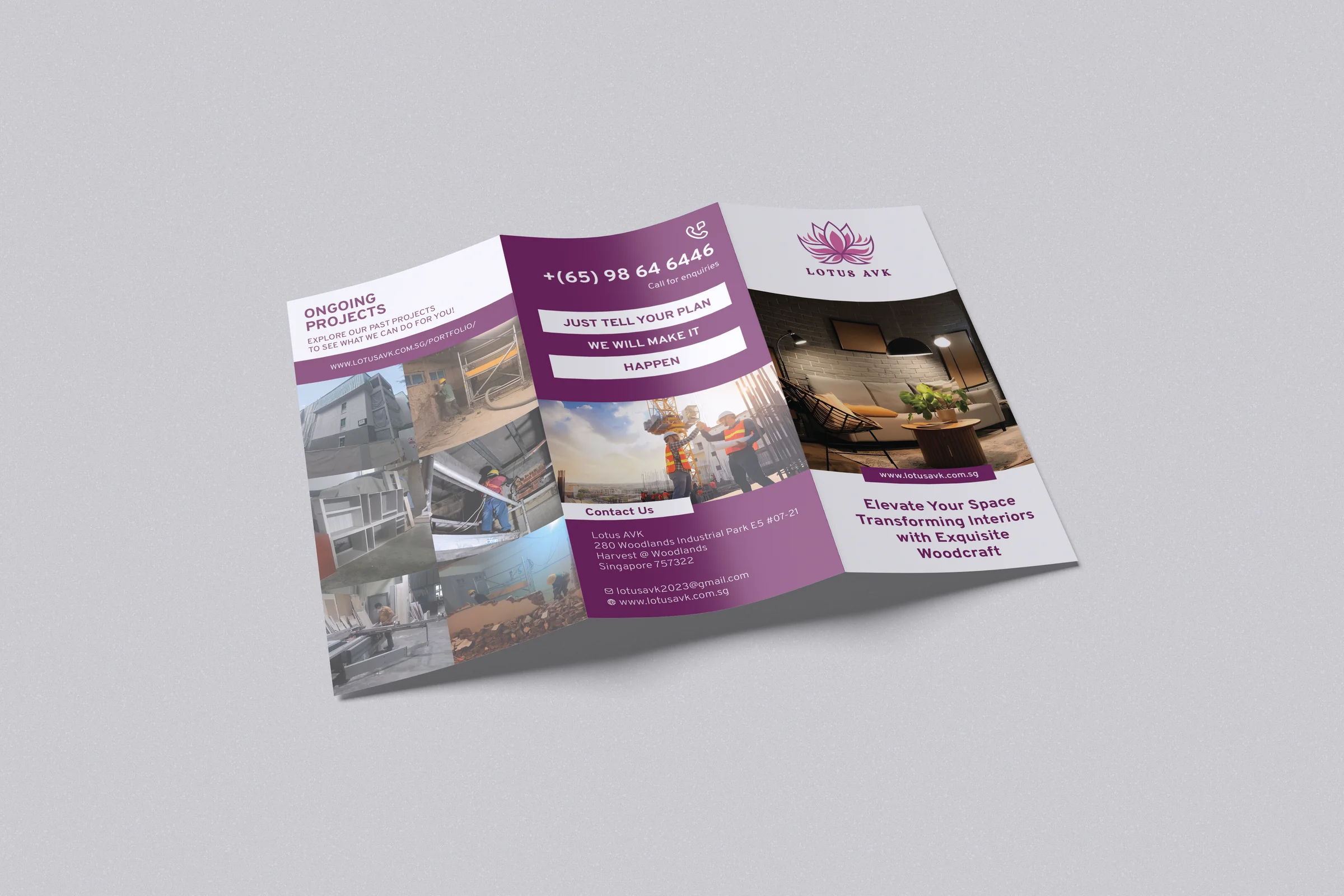 Lotus AVK trifold brochure mockup — front panel with the lotus wordmark and interior hero photo