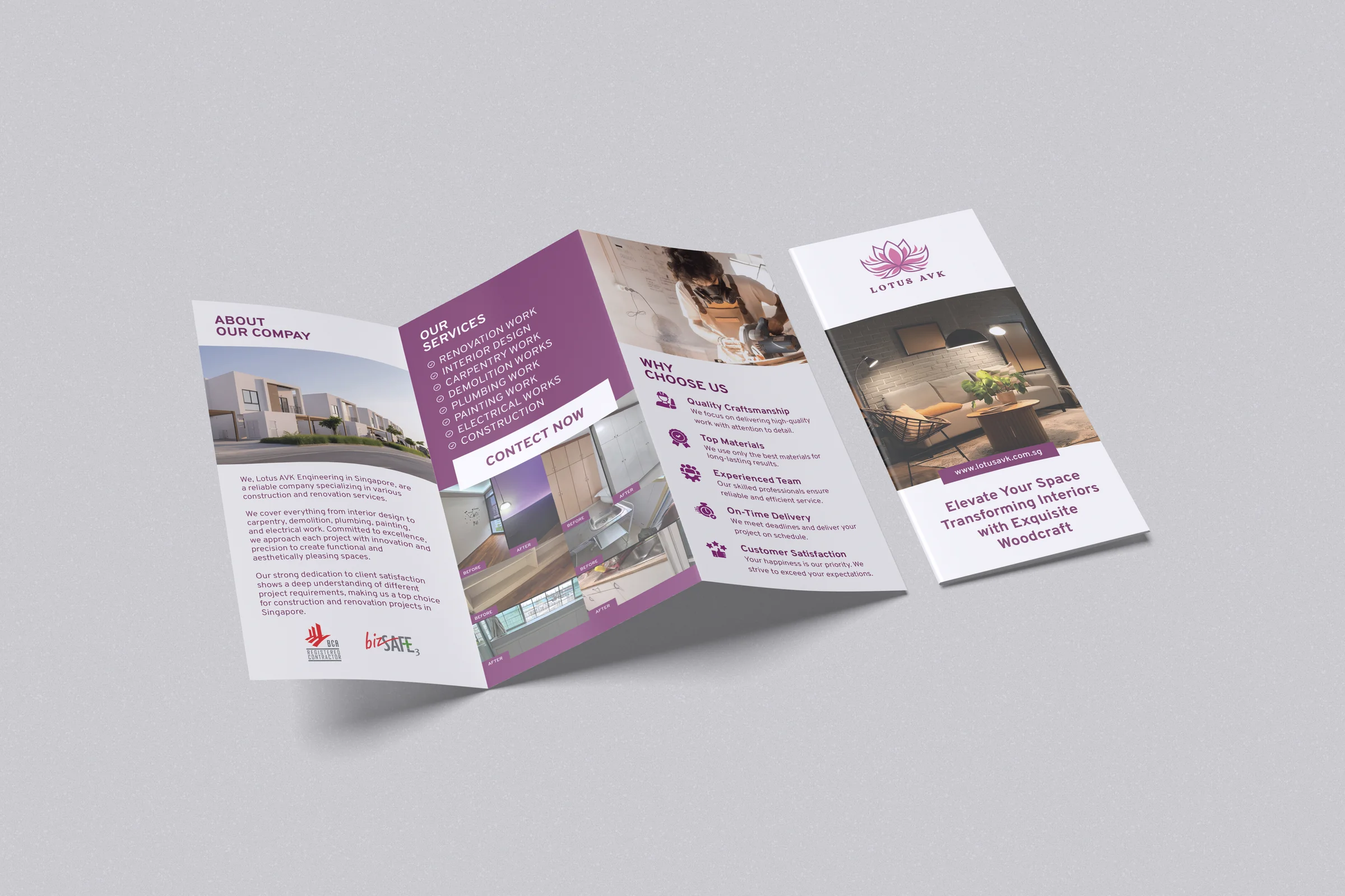 Trifold brochure mockup — the inside spread opens to show the about-us column, services list with a "CONTACT NOW" callout, and the why-choose-us bullets