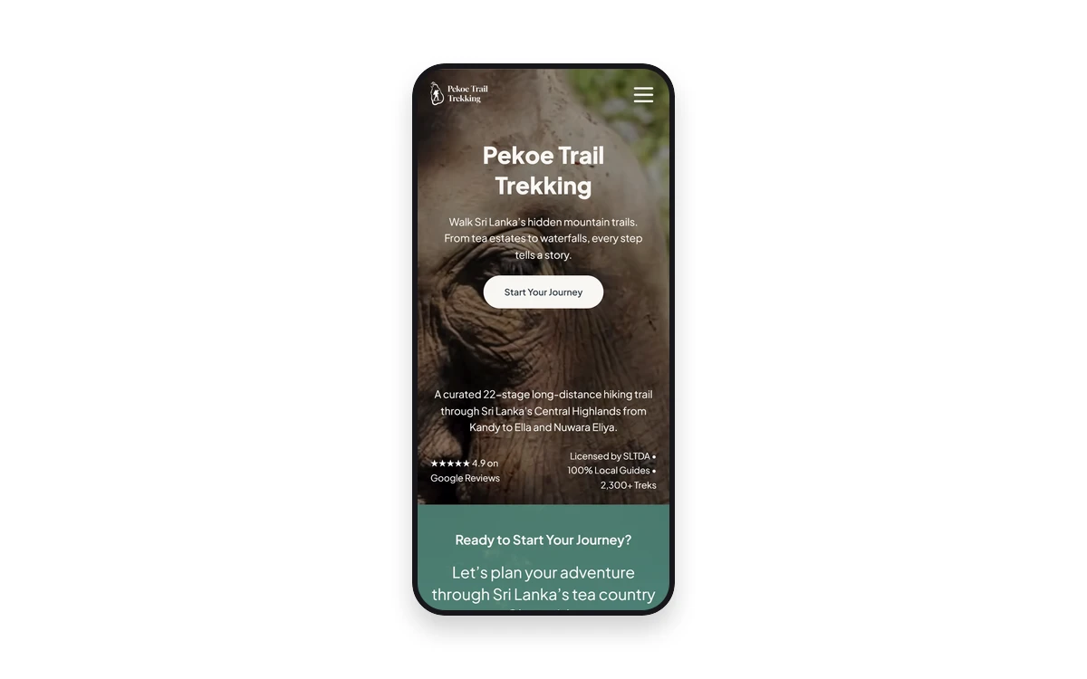 Pekoe Trail Trekking homepage rendered on an iPhone-style phone mockup — full hero with Google Reviews and SLTDA license chips, Ready to Start Your Journey CTA