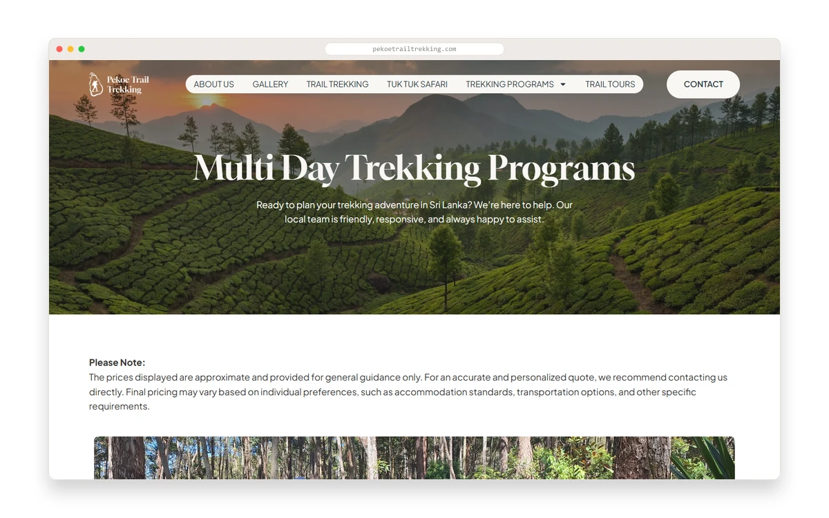 Pekoe Trail Trekking "Multi Day Trekking Programs" page in a desktop browser mockup — top nav, landscape hero and the curated package cards below