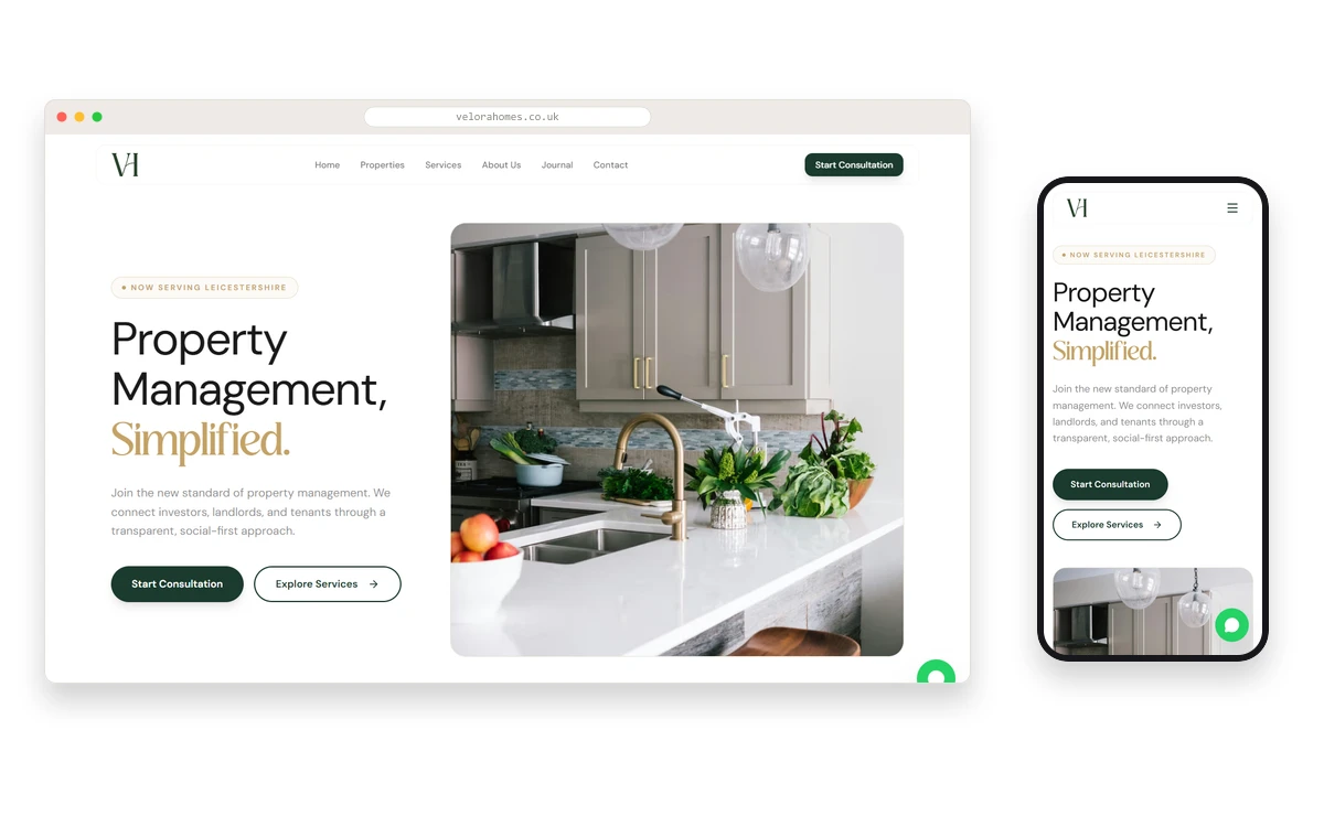 Velora Homes storefront in a Safari desktop mockup and iPhone mockup side by side · dark-green wordmark, "NOW SERVING LEICESTERSHIRE" chip, "Property Management, Simplified." hero with a kitchen-interior product shot, Start Consultation and Explore Services CTAs